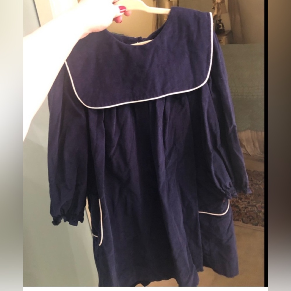 Girls Navy Corduroy Dress with Collar with White Trim & Pockets